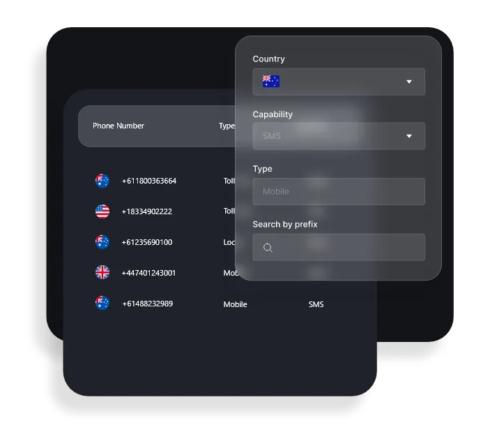 Enfonica Console searching Australian, US and UK phone numbers by capability and type