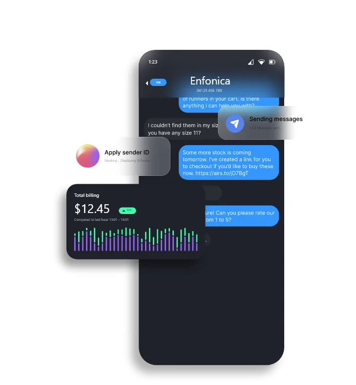 Enfonica phone app showing an incoming call, SMS conversation and call cost