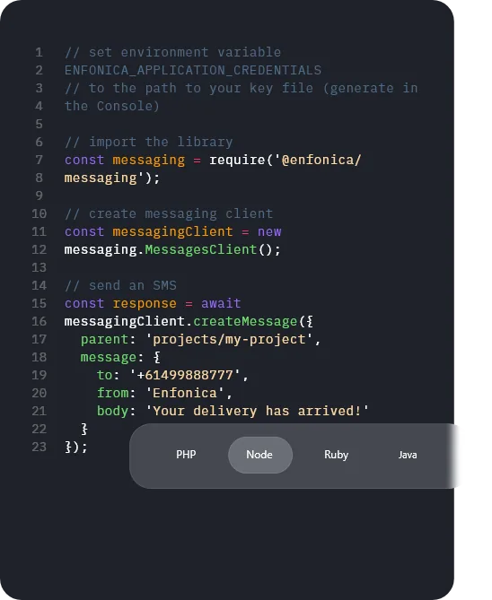 Node.js code sample sending an SMS with the Enfonica messaging API
