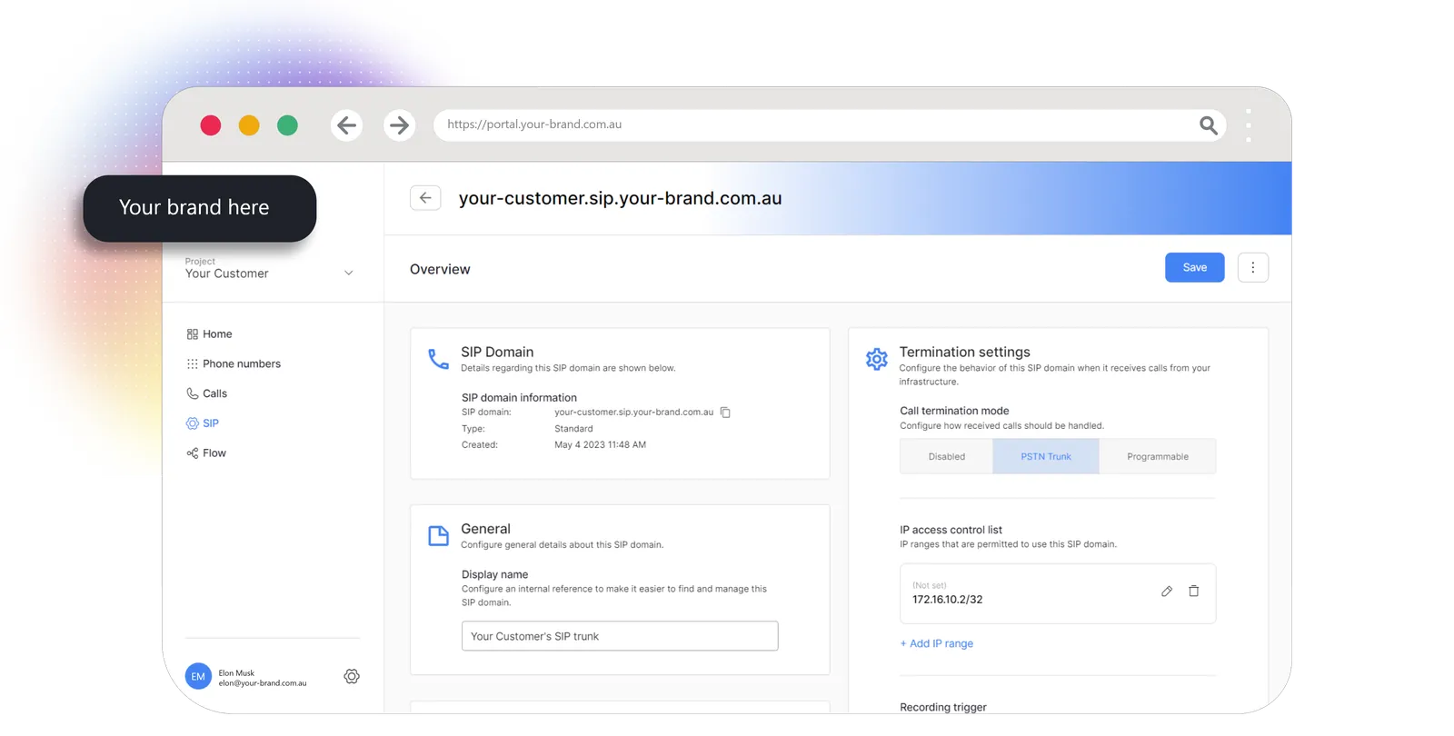 White-labelled Enfonica console at portal.your-brand.com.au, showing a customer's SIP domain, termination settings and IP access control list