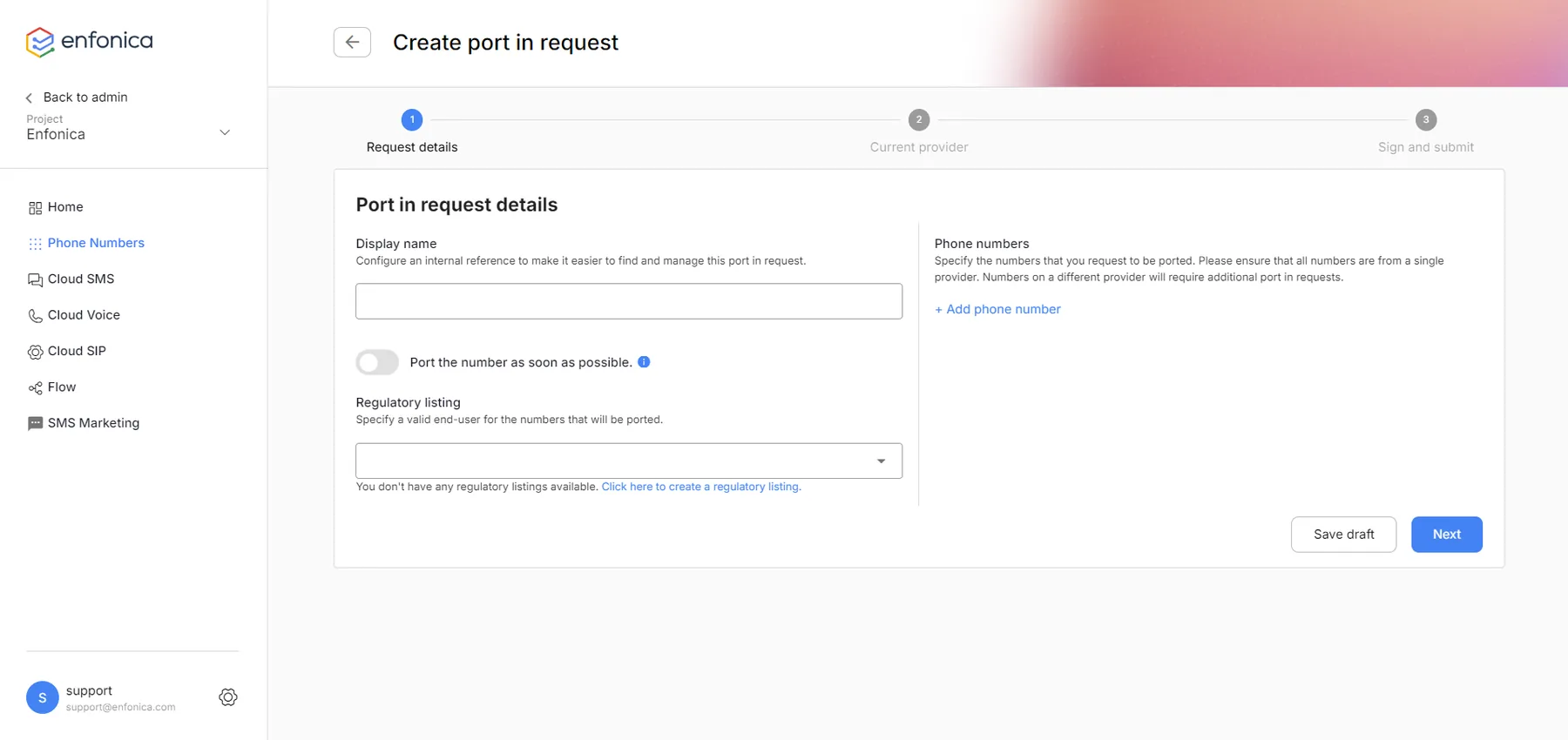 Create port in request form in the Enfonica Console, with request details, current provider, and sign and submit steps