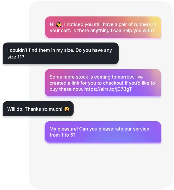 Two-way SMS conversation between a retailer and a customer about restocked shoes, ending with a satisfaction rating request