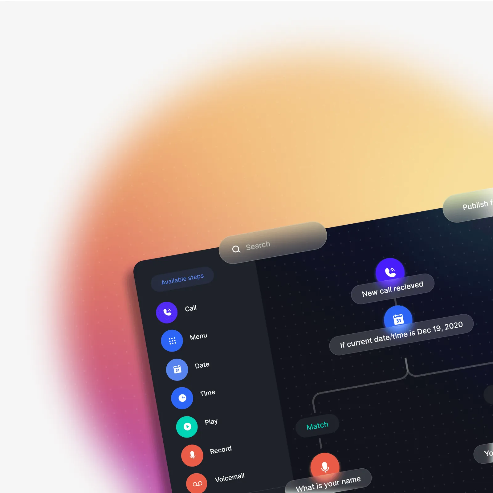 Flow editor with call, menu, date, time, play, record and voicemail steps and a call flow that routes by the current date
