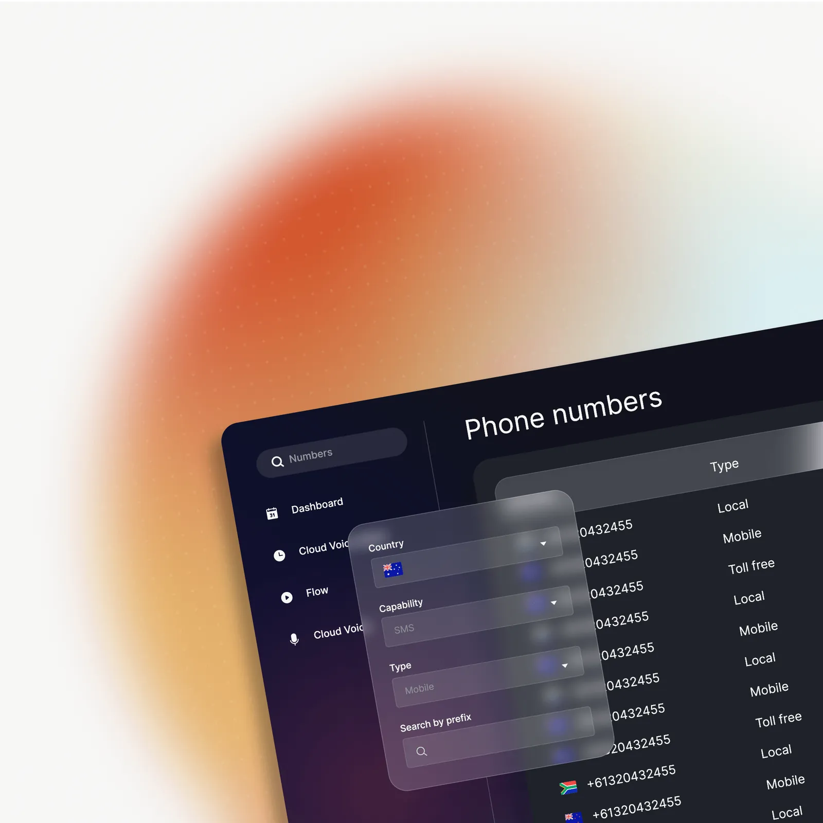 Enfonica Console phone number search, filtering Australian numbers by capability and type