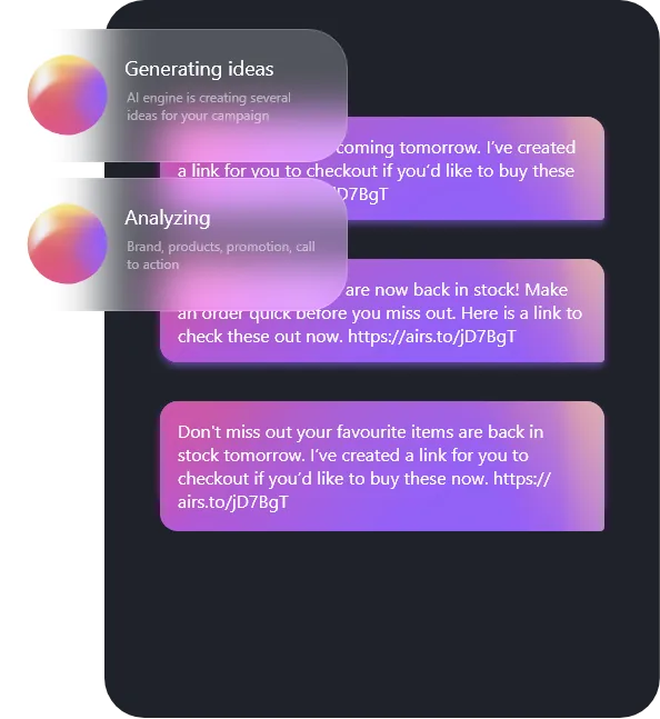 AI engine generating and analysing several SMS campaign message ideas about products back in stock