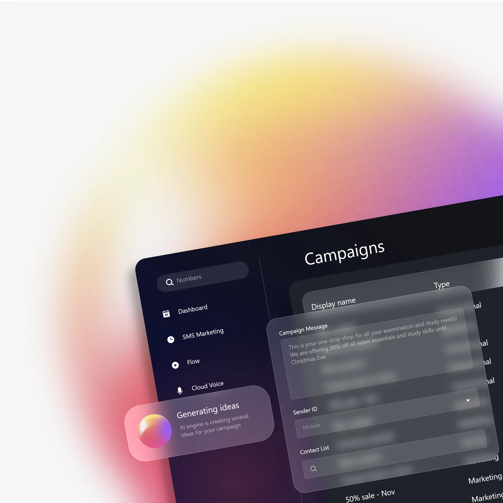 SMS Marketing campaign builder in the Enfonica Console with campaign message, sender ID, contact list and AI idea generation