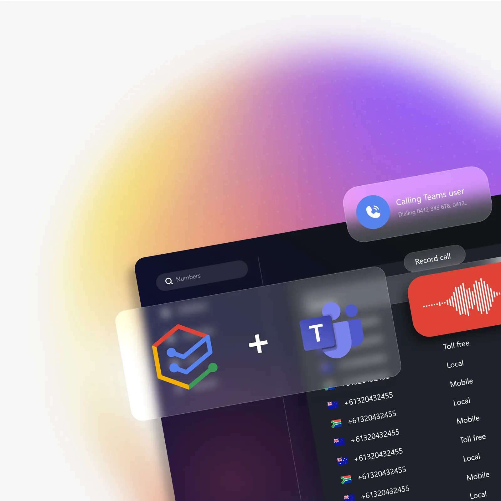 Enfonica and Microsoft Teams connected, with a Teams user placing a call, call recording and a list of Australian phone numbers